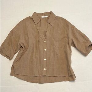 MOD REF TAN LINEN SHORT SLEEVE BUTTON DOWN TOP WOMEN’S XL